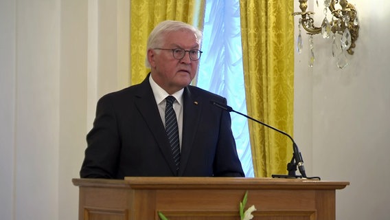 Bundespräsident Frank-Walter Steinmeier (SPD) während seiner Rede im Rostocker Rathaus anlässlich des Gedenkens an das Pogrom in Rostock-Lichtenhagen 1992. © Tagesschau24 