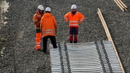 Drei Gleisarbeiter stehen auf der Baustelle einer Bahnstrecke © picture-alliance/dpa Foto: Bernd Wüstneck