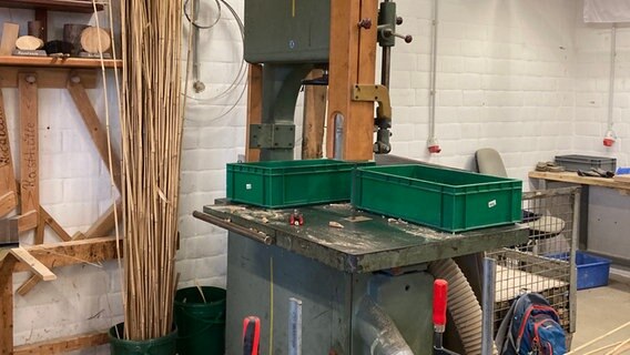 Lange Schilfrohre stehen in einem Eimer und werden gewässert.  