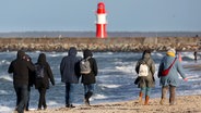 Urlauber sind am Ostseestrand unterwegs. Im Hintergrund ist ein Leuchtturm zu sehen. Die Sonne scheint, trotzdem scheint es kühl zu sein: die Menschen tragen lange Hosen, Jacken und Mützen. © dpa Foto: Bernd Wüstneck