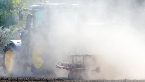 The tractor drives the seeder across the field, dragging a big cloud of dust behind it.  Photo: Jens Büttner/dpa
