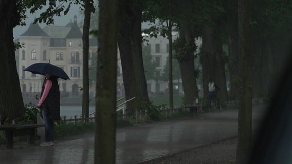 Frau steht bei Unwetter mit Regenschirm draußen © NDR MV 
