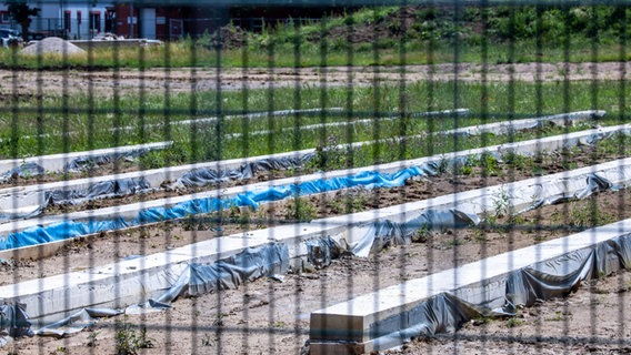 Erste Fundamente für das Aufstellen von Wohncontainern sind hinter dem Bauzaun um die stillstehende Baustelle für eine geplante Flüchtlingsunterkunft im Gewerbegebiet zu sehen. © dpa Foto: Jens Büttner