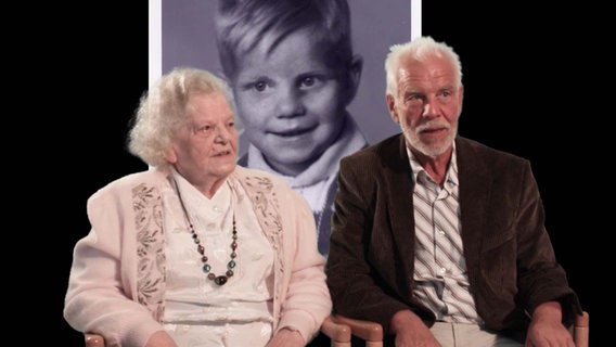 (v.l.n.r.) Herta Wiersma und ihr Sohn Heinz Dieter Volgmann. Dazwischen ist ein Kinderfoo von Heinz-Dieter auf der Medienwand dazwischen. © NDR MV Foto: NDR MV