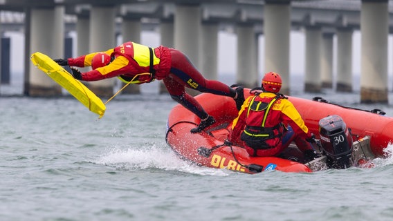 Zwei Rettungsschwimmer sitzen auf einem Schlauchboot. © DLRG Mecklenburg-Vorpommern 