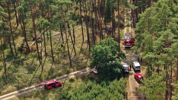 Das Luftbild zeigt die Kreuzung eines Waldwegs bei Rastow, an der mehrere Feuerwehrfahrzeuge stehen. © Ralf Drefin Foto: Ralf Drefin