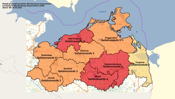 A map showing the forest fire danger levels in MV.  As of 05/29/2023.  © Landesforst Mecklenburg-West Pomerania 