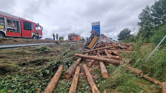 Ein Lastwagen liegt umgekippt an der Autobahn - neben ihm zahlreiche Baumstämme. © NDR Foto: Michael-Günther Bölsche