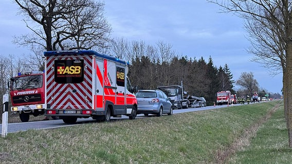 Zahlreiche Einsatzfahrzeuge von Feuerwehr und Rettungsdienst stehen nach einem schweren Wildunfall auf einer Landstraße. © NonstopNews Rostock Foto: Stefan Tretropp