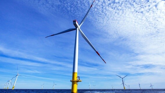 Blick auf den Ostsee-Windpark Baltic 2 des Betreibers EnBW. Mit der feierlichen Inbetriebnahme am 21. September 2015 geht "Baltic 2" offiziell ans Netz. © dpa-Bildfunk Foto: Jens Büttner