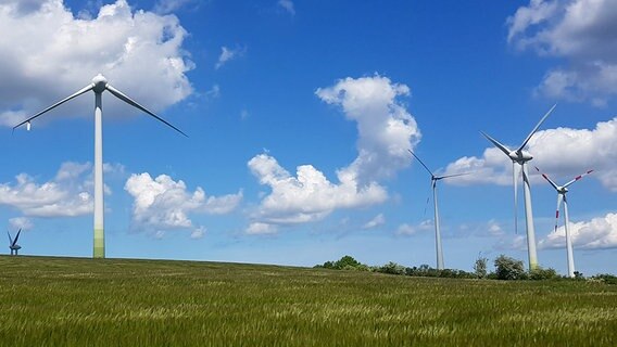 Auf einem Feld bei Wismar steht ein Windrad mit nur zwei Flügeln, der dritte fehlt. rechts im Bild stehen drei weite Windkraftanlagen. © Christoph Woest Foto: Christoph Woest