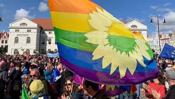 Bunt gekleidete Teilnehmer beim ersten Christopher Street Day in Wismar. © dpa-Bildfunk Foto: Stefan Sauer