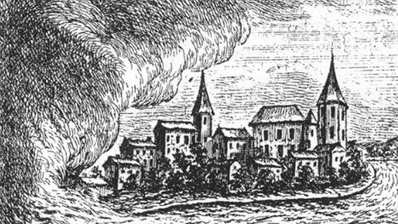 Kupferstich vom Tornado bei Woldegk von 1764 © Landesbibliothek Mecklenburg-Vorpommern Schwerin Foto: Landesbibliothek Mecklenburg-Vorpommern Schwerin