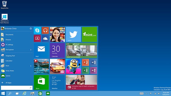 Ein Screenshot einer "technischen Vorschau" von Microsoft Windows 10. © Microsoft 