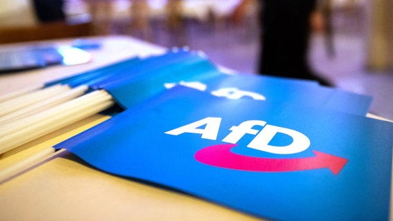 Fähnchen mit dem Logo der AfD liegen auf einem Tisch. © dpa Foto: Daniel Karmann