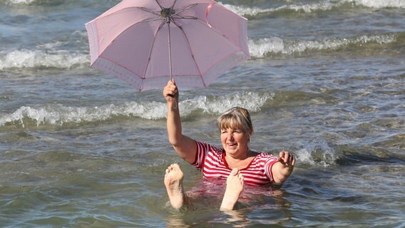 Beim Anbaden sitzt eine Teilnehmerin in einem rot-weiß geringelten Badekostüm und mit einem Sonnenschirm in der Hand im kühlen Wasser. © picture alliance/dpa | Bernd Wüstneck Foto: Bernd Wüstneck