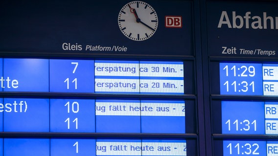 Ein Anzeigetafel auf einen Bahnhof informiert über Zugausfälle und Verspätungen (Themenbild). © picture alliance Foto: Rupert Oberhäuser