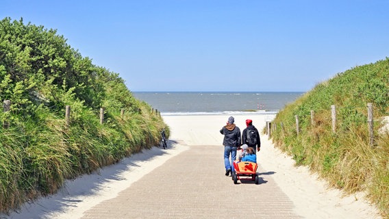 Eine Familie zieht mit einem Bollerwagen an den Strand der Insel Baltrum. © imago/blickwinkel/McPhoto Foto: Willy Boyungs