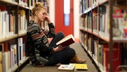 Ein Frau sitzt zwischen Bücherregalen einer Bibliothek und liest. © picture alliance Foto: Markus Hibbeler