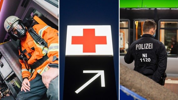 Eine Bildkombination zeigt einen Feuerwehrmann, ein Krankenhaus-Logo und einen Polizisten. © Picture Alliance/NDR 