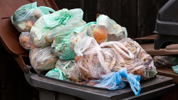 Eine Biotonne ist überfüllt mit Müllsäcken. © picture alliance/CHROMORANGE | Weingartner-Foto 