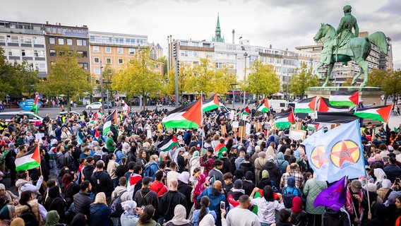 Demonstranten nehmen an einer pro-palästinensischen Demonstration auf dem Schlossplatz in Braunschweig teil. © Moritz Frankenberg/dpa Foto: Moritz Frankenberg