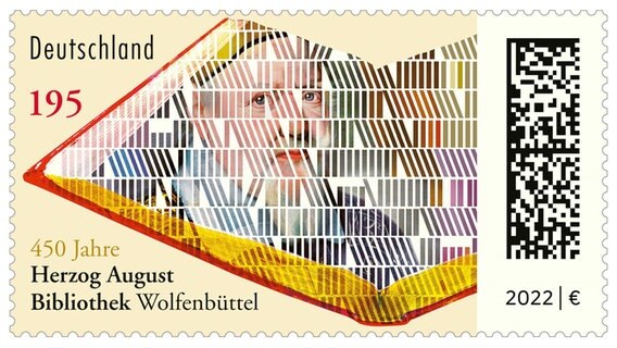 Die Abbildung zeigt eine von Barbara Dimanski gestaltete Briefmarke zum 450 jährigen Bestehen der Herzog August Bibliothek Wolfenbüttel. © Herzog August Bibliothek Wolfenbüttel/picture alliance/dpa/Holger Hollemann 