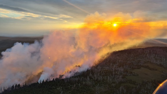 Eine Luftaufnahme zeigt einen Waldbrand im Harz. © Bundespolizeipräsidium 