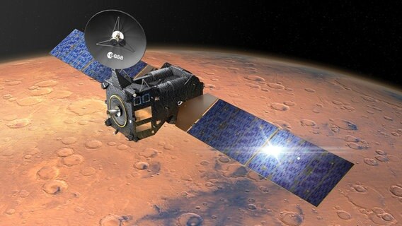 Artist's impression of the ExoMars Trace Gas Orbiter orbiting the planet Mars.  