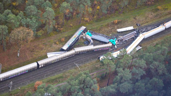 Güterzug-Waggons liegen nach einem Unfall im Landkreis Gifhorn auf Bahngleisen. © Bundespolizeiinspektion Hannover Foto: Bundespolizeiinspektion Hannover