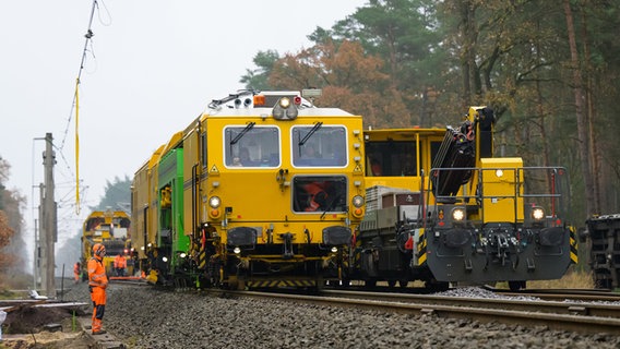 Mitarbeiter der Deutschen Bahn arbeiten am neuen Gleisbett. © dpa-Bildfunk Foto: Philipp Schulze/dpa