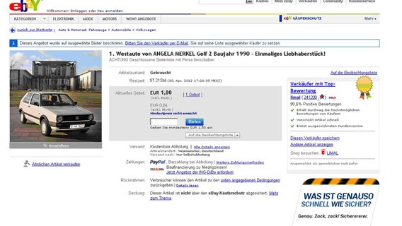 Screenshot von der Ebay-Seite für die Versteigerung von Angela Merkels ehemaligem VW-Golf. © picture alliance / dpa | Ebay dp 