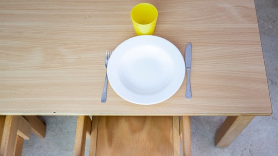 In einer Kita steht ein Teller mit Besteck auf einem Tisch © picture alliance/dpa Foto: Christophe Gateau