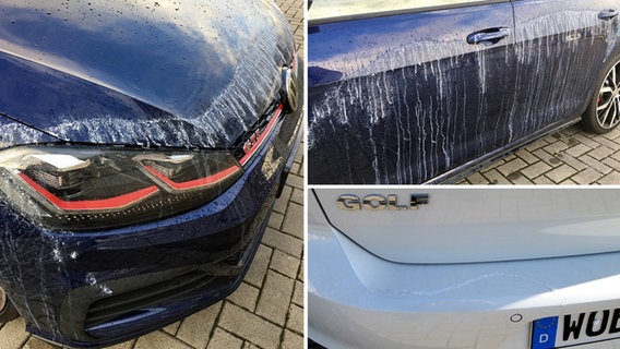 Eine Bildkombination zeigt Schäden durch getrockneten Kleber an einem blauen Pkw. © Polizei Wolfsburg 