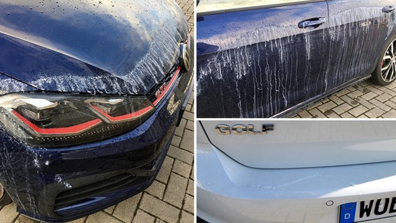 Eine Bildkombination zeigt Schäden durch getrockneten Kleber an einem blauen Pkw. Eine Bildkombination zeigt Schäden durch getrockneten Kleber an einem blauen Pkw. © Polizei Wolfsburg