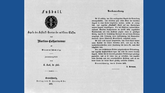 Titelseite der ersten deutschen Fußballregeln von 1875.  