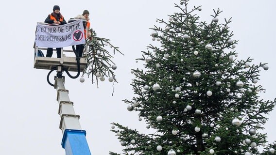 Zwei Aktivistinnen der "Letzten Generation" haben die Spitze des Weihnachtsbaums vor dem Brandenburger Tor abgesägt. © picture alliance / PIC ONE | Stefan Müller Foto: Stefan Müller