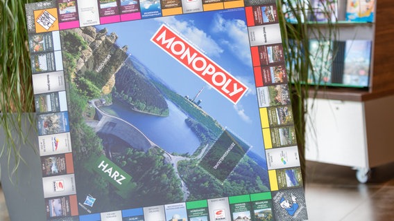 Das Spielbrett der Harz-Version von Monopoly, verschiedene Spielfelder umrahmen ein Landschaftsbild. © polar1 GmbH 