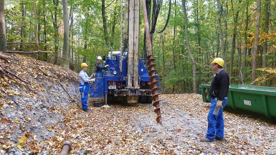 In der Totalen sieht man drei Männer im Wald an einem Bohrer arbeiten. © NDR.de Foto: Peter Jagla