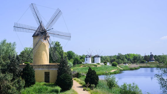 Ein Handwerker nimmt letzte Arbeiten rund um eine Mühle im Internationalen Mühlenmuseum Gifhorn vor. © dpa Foto: Julian Stratenschulte