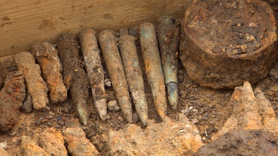 Funde verrostender Munition liegen in einer Kiste. © NDR 