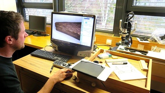 Tim Koddenberg von der Abteilung Holzbiologie und Holzprodukte der Universität Göttingen untersucht die Oberfläche eines Holzstückes mit einem hoch auflösenden Digitalmikroskop. © Georg-August-Universität Göttingen 