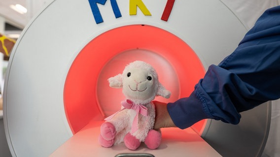 Ein Plüschtier sitzt im Teddybär-Krankenhaus am Uniklinikum Göttingen in einem nachgebauten MRT. © Swen Pförtner/dpa Foto: Swen Pförtner