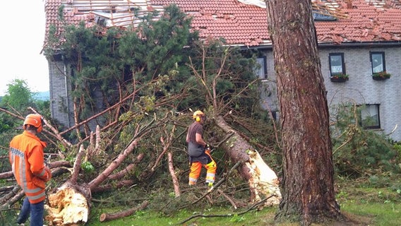 Feuerwehrleute an einem Haus, auf das bei einem Tornado Bäume gestürzt sind. © Ingrid Bremer/privat Foto: Ingrid Bremer/privat