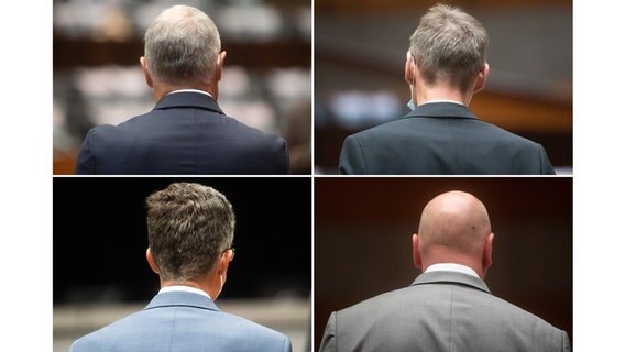 Vier Angeklagte im VW-Prozess stehen in der Stadthalle Braunschweig. (Bildmontage) © dpa Foto: Julian Stratenschulte