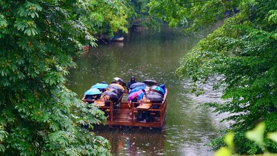 Ein Floß schwimmt bei Regen auf der Oker. © NDR Foto: Peter König