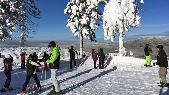 Mehrere Skifahrer stehen am Anfang der Piste am Wurmberg. © NDR Foto: Janek Wiechers