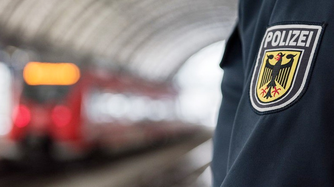Das Wappen der Bundespolizei auf der Uniform eines Polizisten. Im Hintergrund ein Zug im Bahnhof.