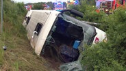 Nach einem Unfall auf der A2 bei Peine liegt ein Reisebus im Graben. © Hannover Reporter 