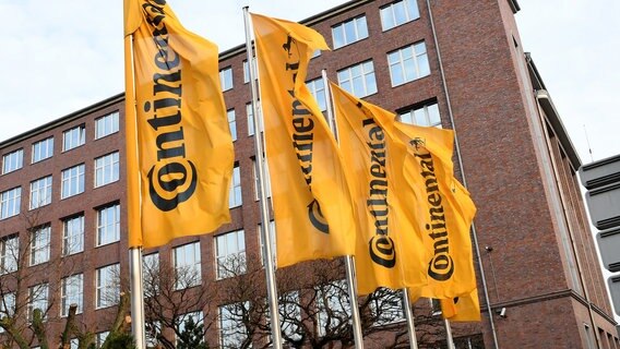 Fahnen mit dem Continental-Logo wehen im Wind. © dpa-Bildfunk Foto: Holger Hollemann